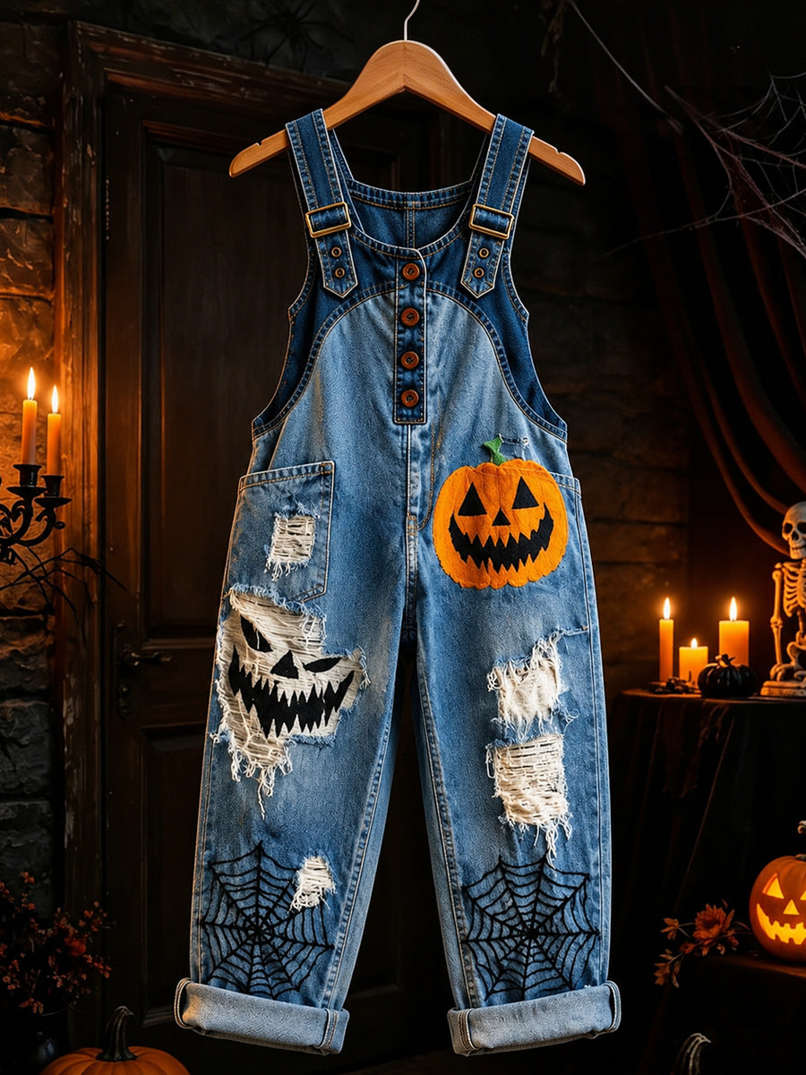 Women's Retro Style Art Print Washed Cotton Denim Patchwork Jumpsuit