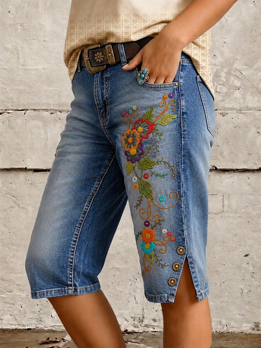 Retro Style Floral Art Print Vintage Casual Denim Shorts
