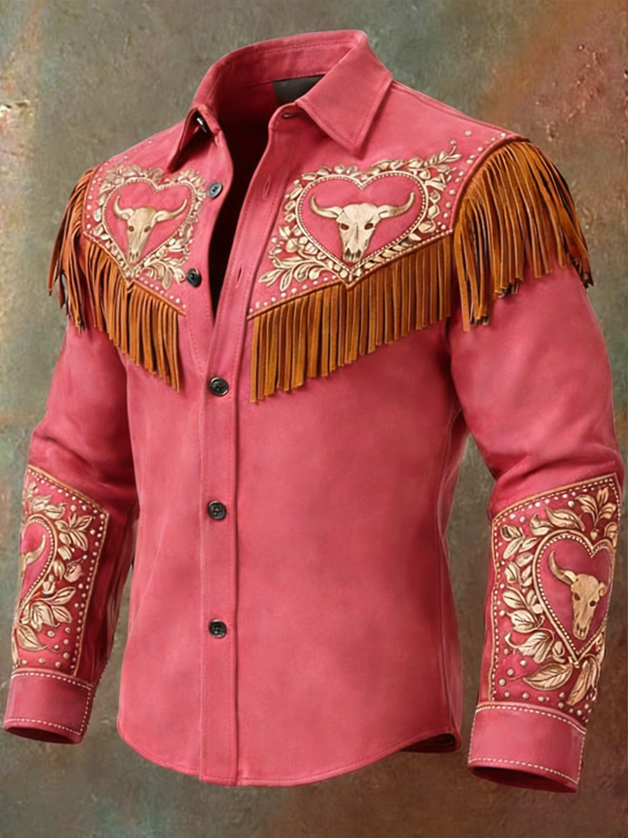 Men's Retro Western Style Heart Print Vintage Tassel Casual Long Sleeve Shirt