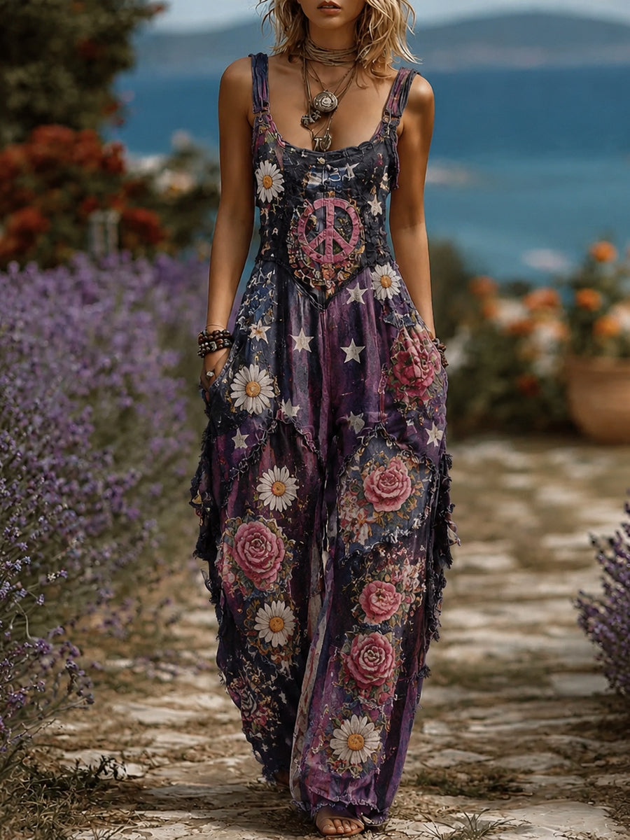 Women's Retro Style Art Print Washed Cotton Denim Patchwork Jumpsuit