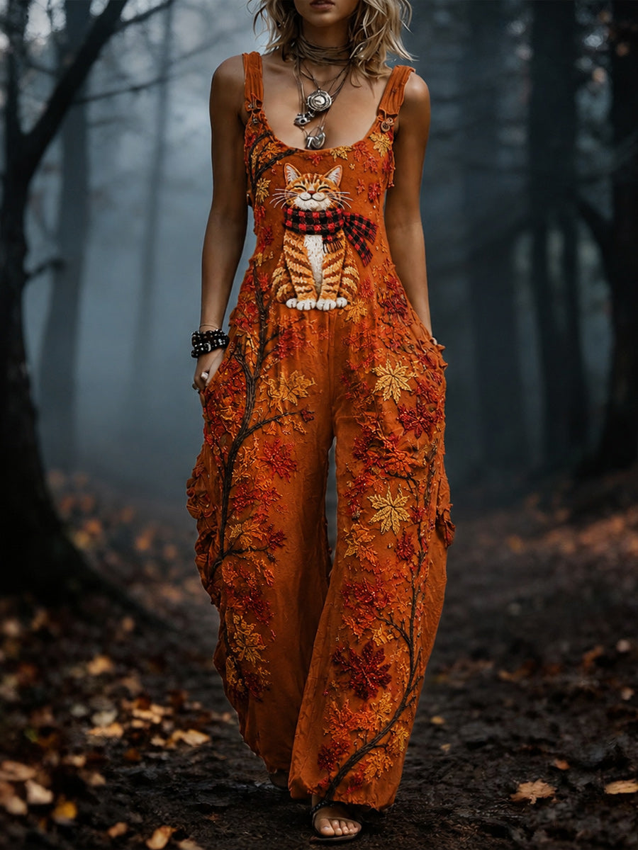 Women's Retro Style Art Print Washed Cotton Denim Patchwork Jumpsuit