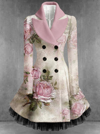Retro Artistic Floral Print Vintage Elegance Lapel Button Up Long Sleeve Coat Dress