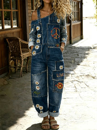 Women's Retro Floral Color-Blocked Art Print Washed Cotton Denim Patchwork Jumpsuit