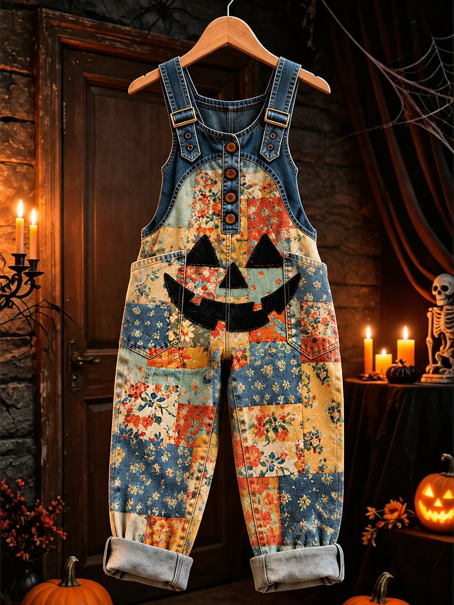 Women's Retro Style Art Print Washed Cotton Denim Patchwork Jumpsuit