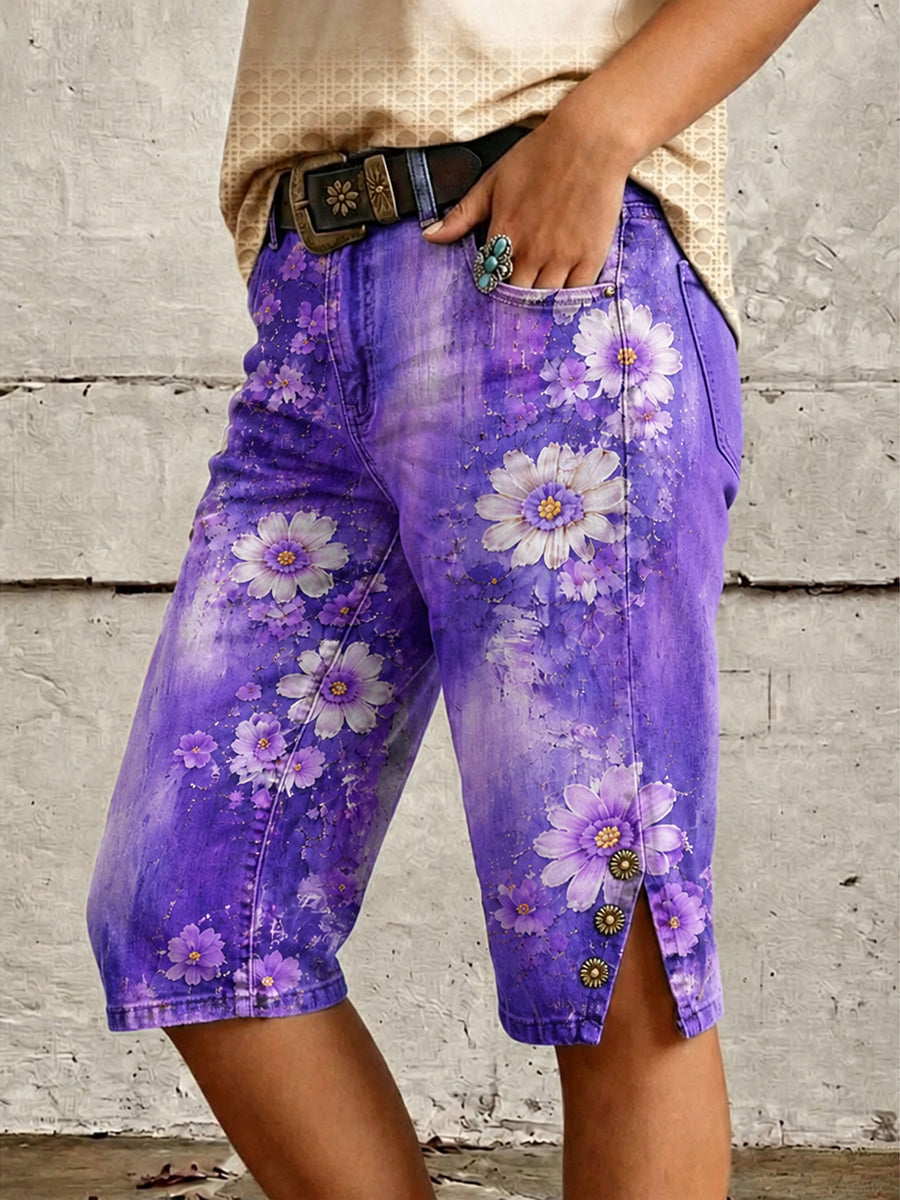 Retro Style Floral Art Print Vintage Casual Denim Shorts