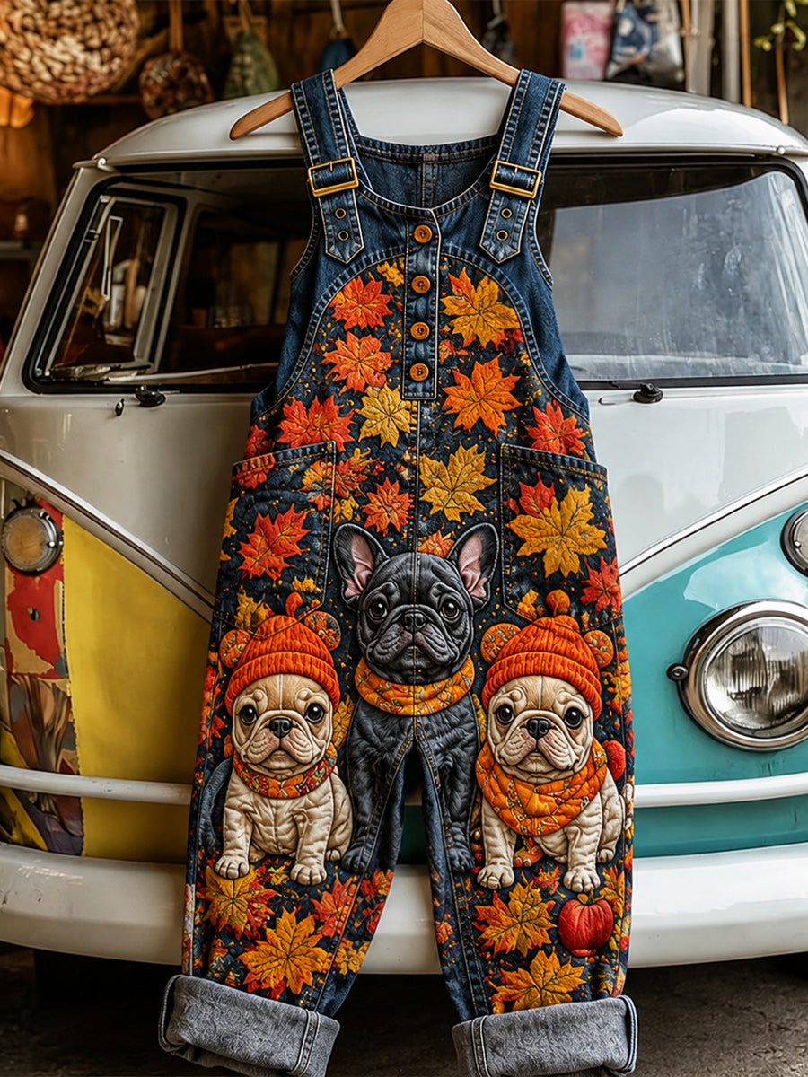 Women's Retro Style Art Print Washed Cotton Denim Patchwork Jumpsuit
