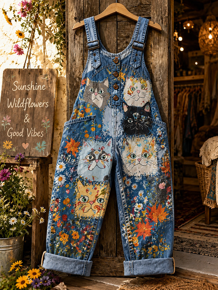 Women's Retro Style Art Print Washed Cotton Denim Patchwork Jumpsuit