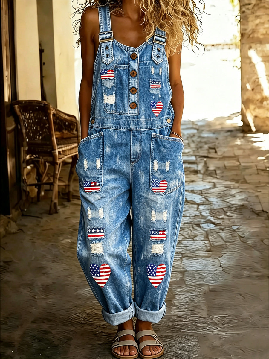 Women's Retro Style Art Print Washed Cotton Denim Patchwork Jumpsuit
