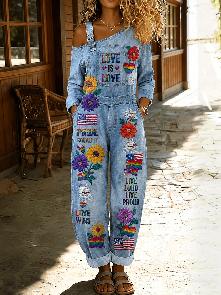 Women's Retro Pride Month Rainbow Art Print Washed Cotton Denim Patchwork Jumpsuit