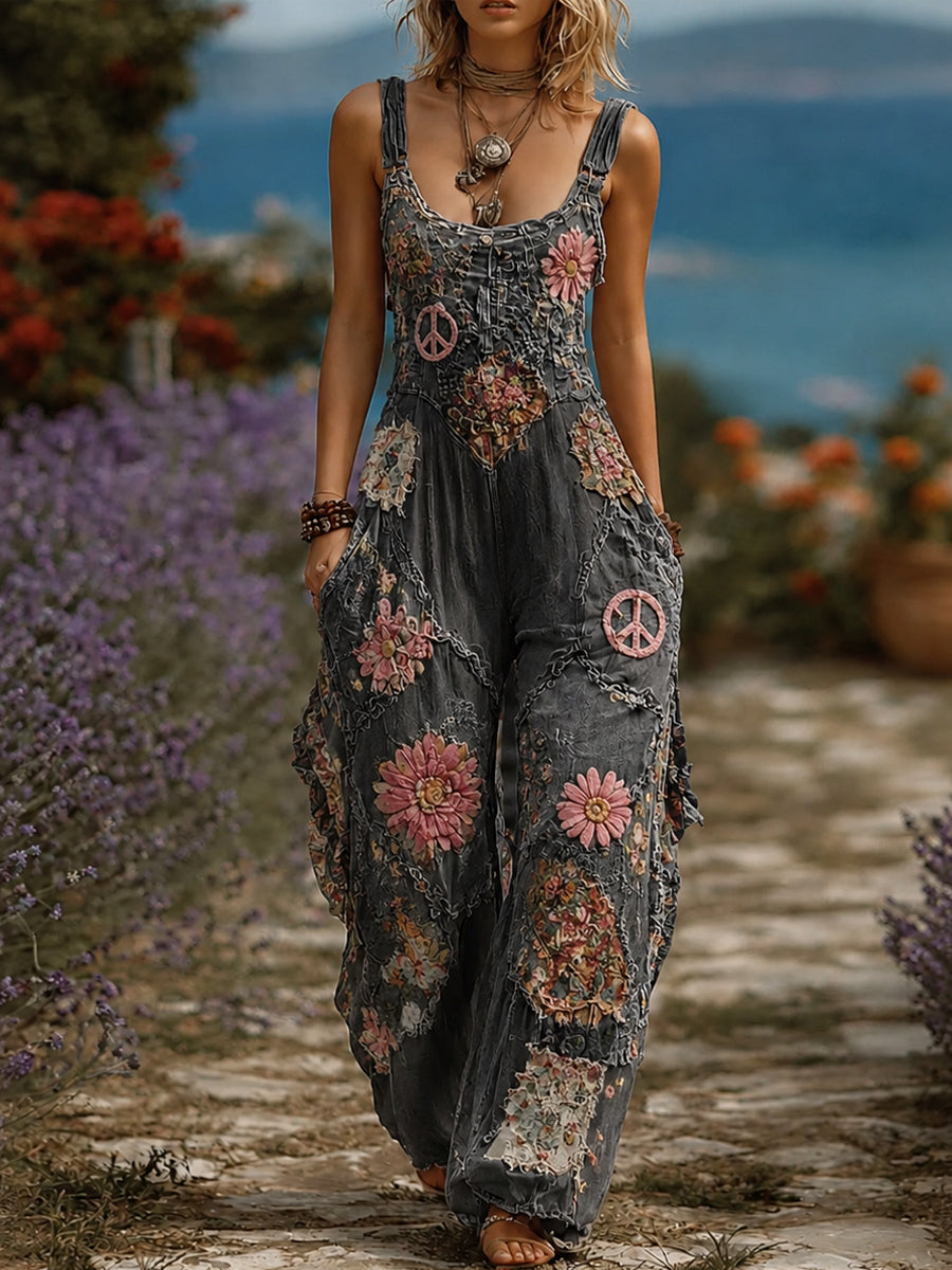Women's Retro Style Art Print Washed Cotton Denim Patchwork Jumpsuit