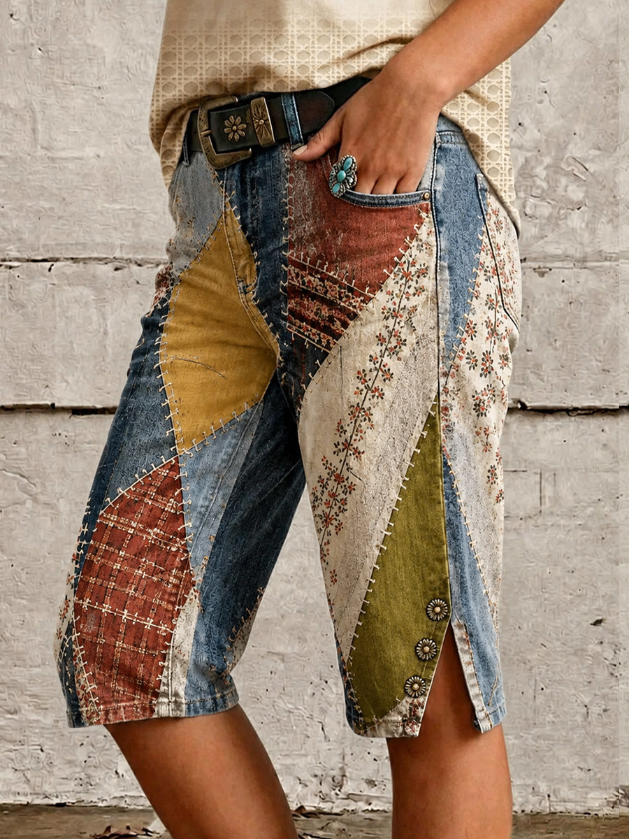 Retro Style Art Print Vintage Casual Denim Shorts