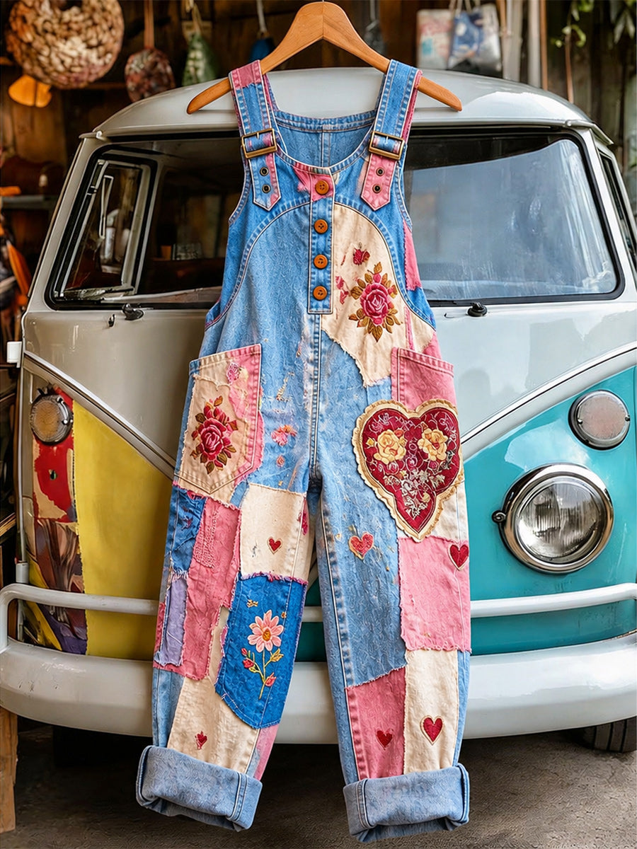Women's Retro Style Art Print Washed Cotton Denim Patchwork Jumpsuit