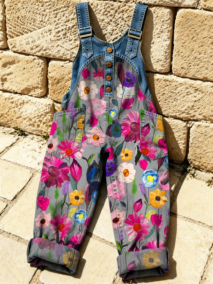 Women's Retro Style Print Washed Cotton Denim Patchwork Jumpsuit