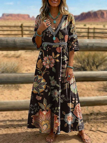Retro Floral Art Print V-Neck Western Dress