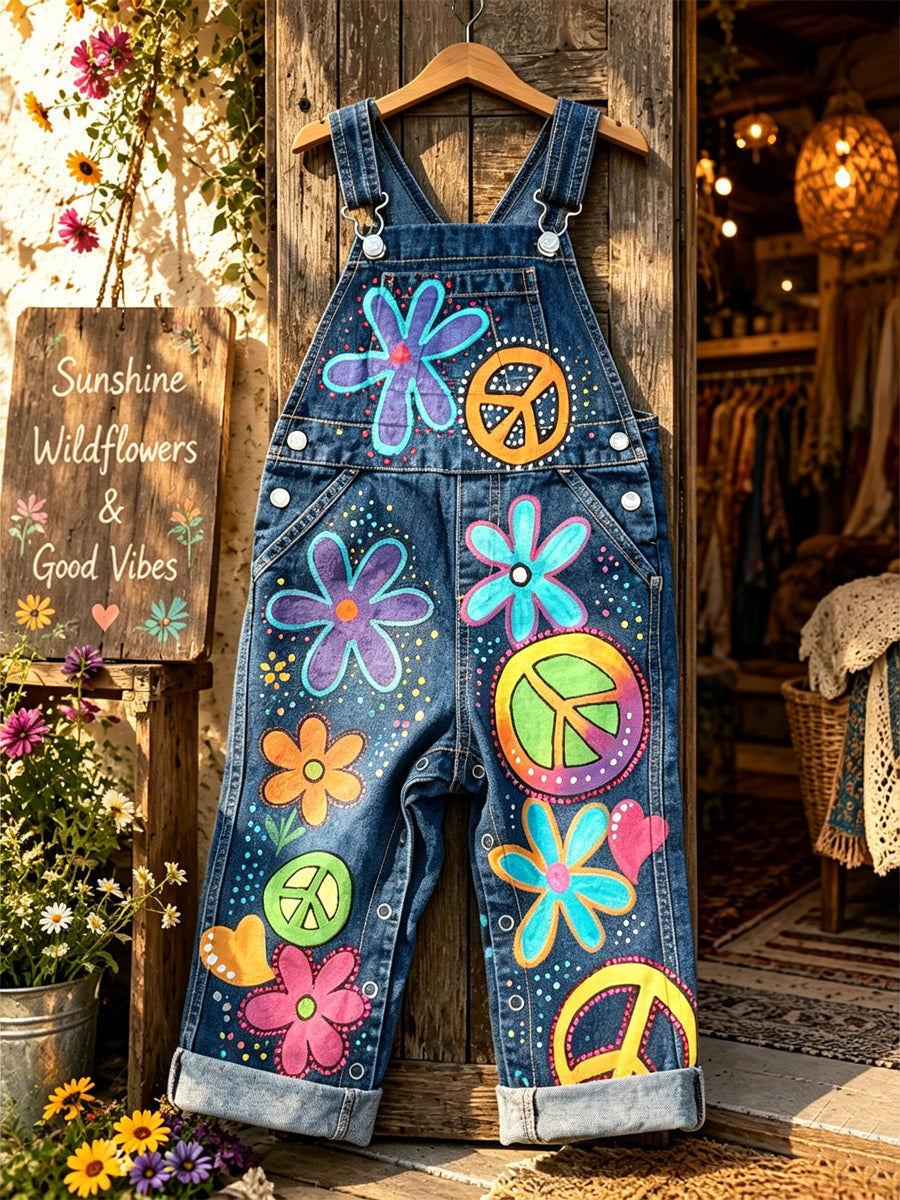 Women's Retro Style Art Print Washed Cotton Denim Patchwork Jumpsuit