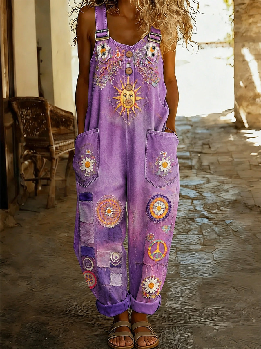 Women's Retro Style Art Print Washed Cotton Denim Patchwork Jumpsuit