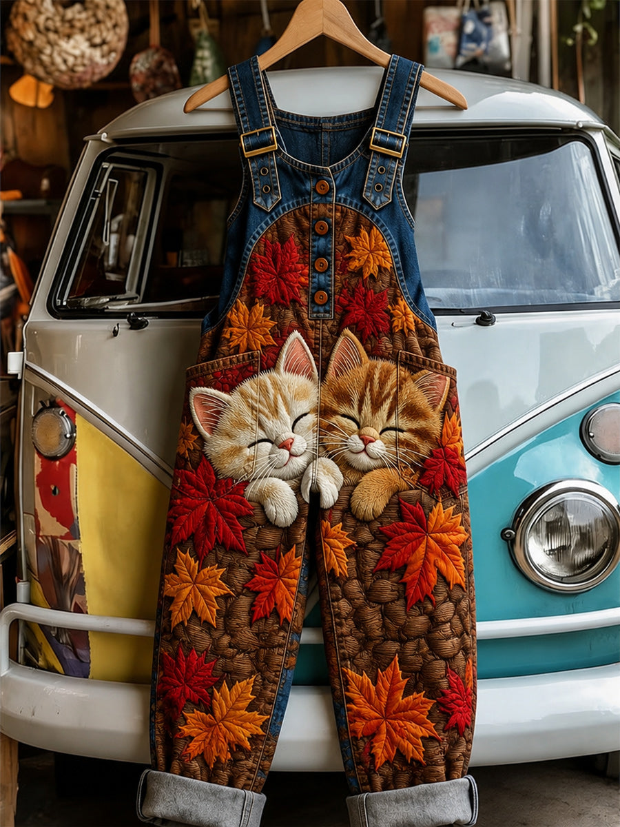 Women's Retro Style Art Print Washed Cotton Denim Patchwork Jumpsuit