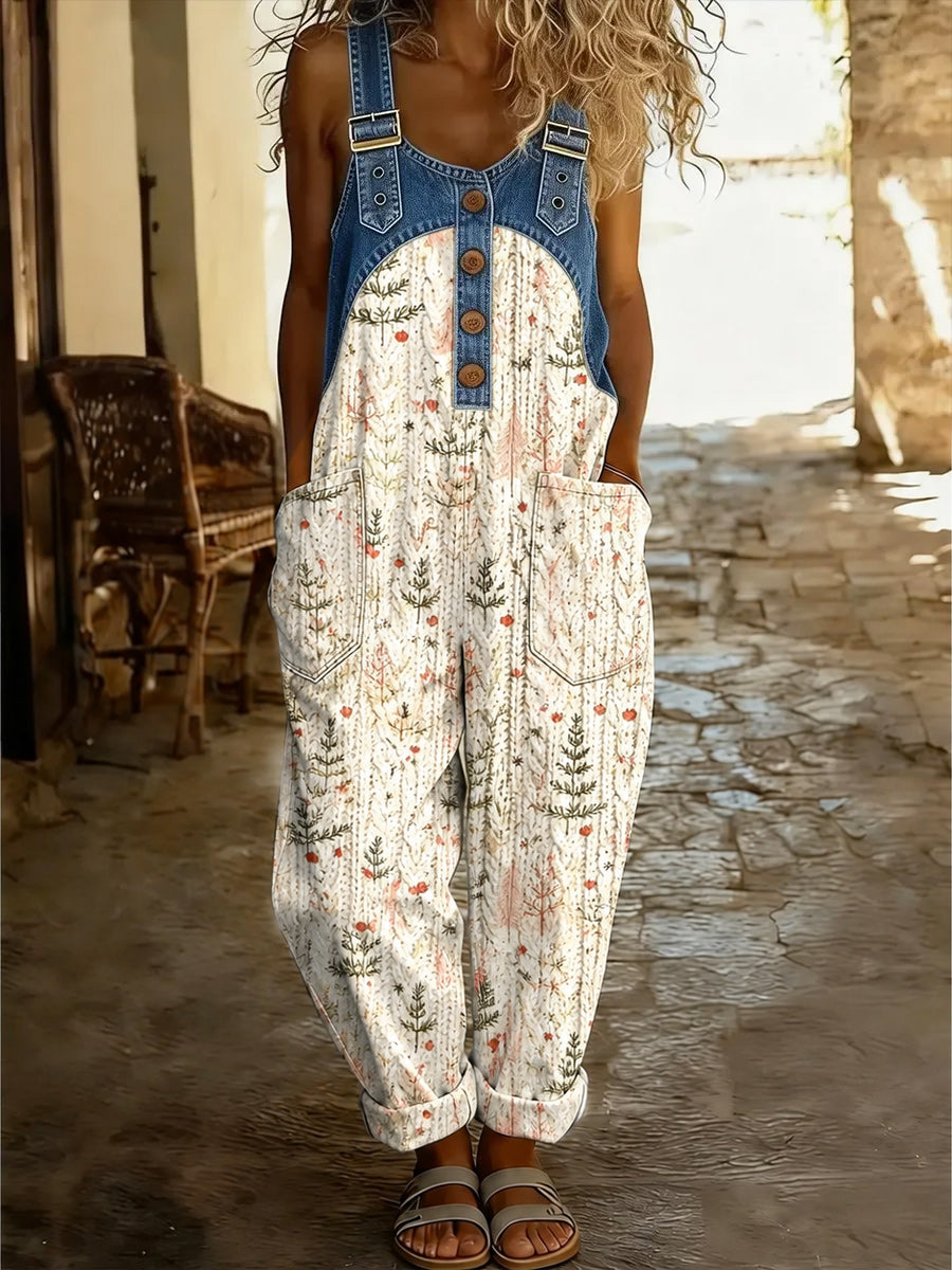 Women's Retro Style Art Print Washed Cotton Denim Patchwork Jumpsuit