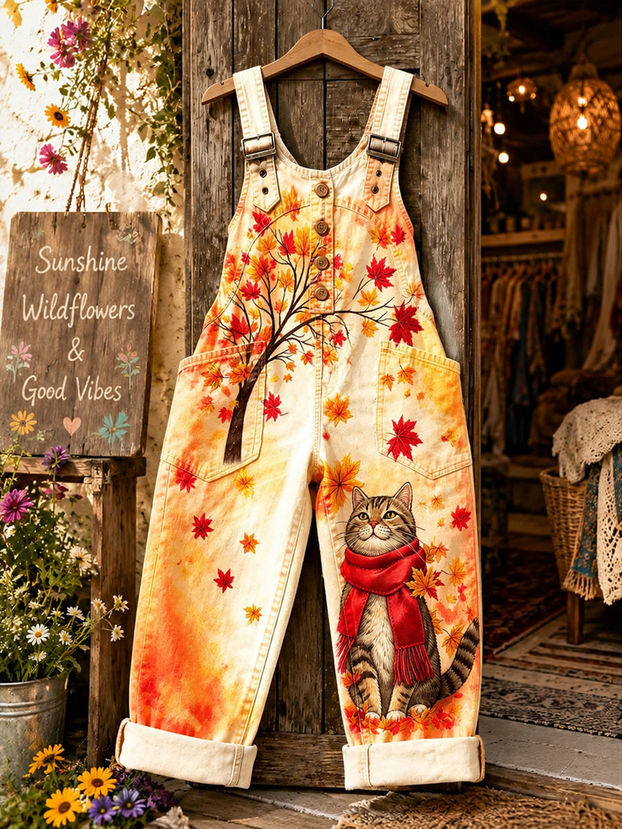 Women's Retro Style Art Print Washed Cotton Denim Patchwork Jumpsuit