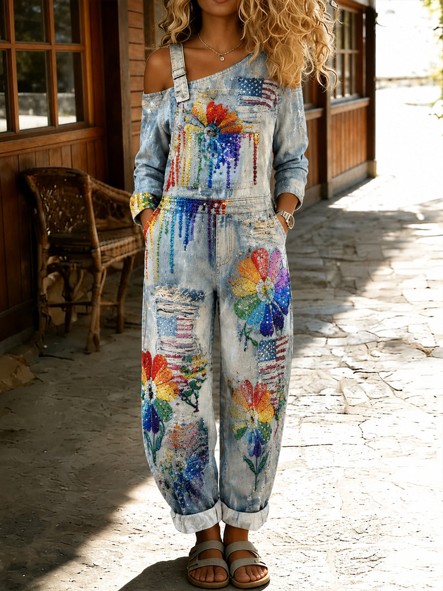 Women's Retro Pride Month Rainbow Art Print Washed Cotton Denim Patchwork Jumpsuit