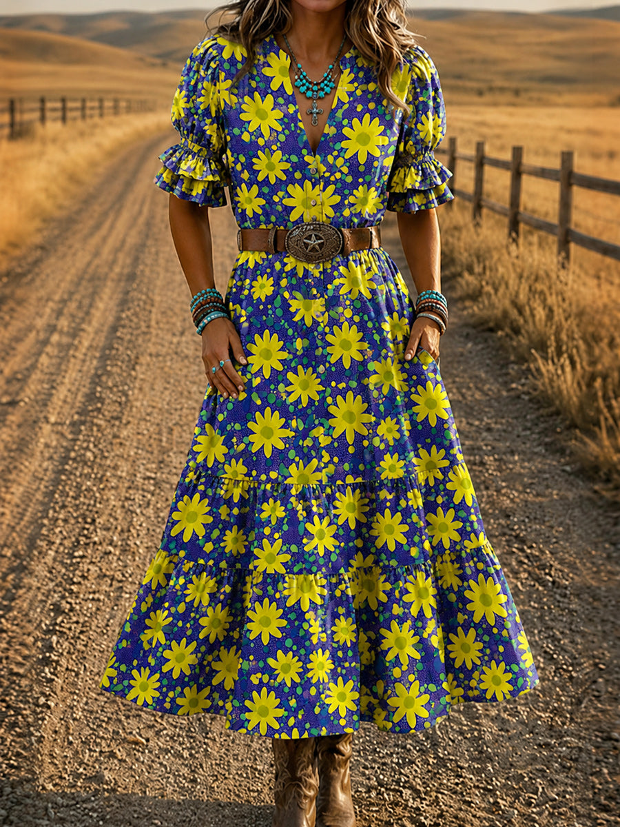 Women's Retro Art Print Washed Cotton Layered Patchwork Midi Dress