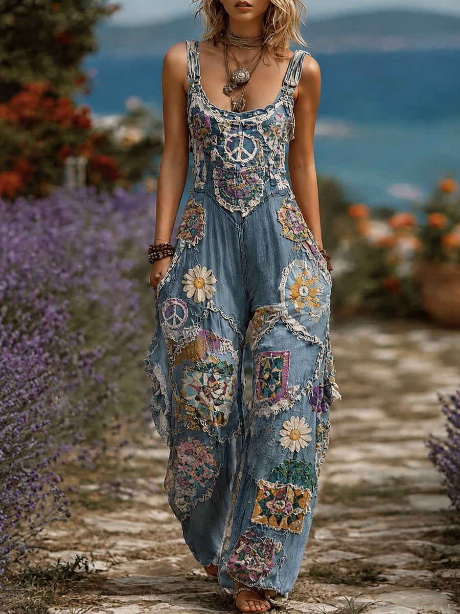 Women's Retro Style Art Print Washed Cotton Denim Patchwork Jumpsuit