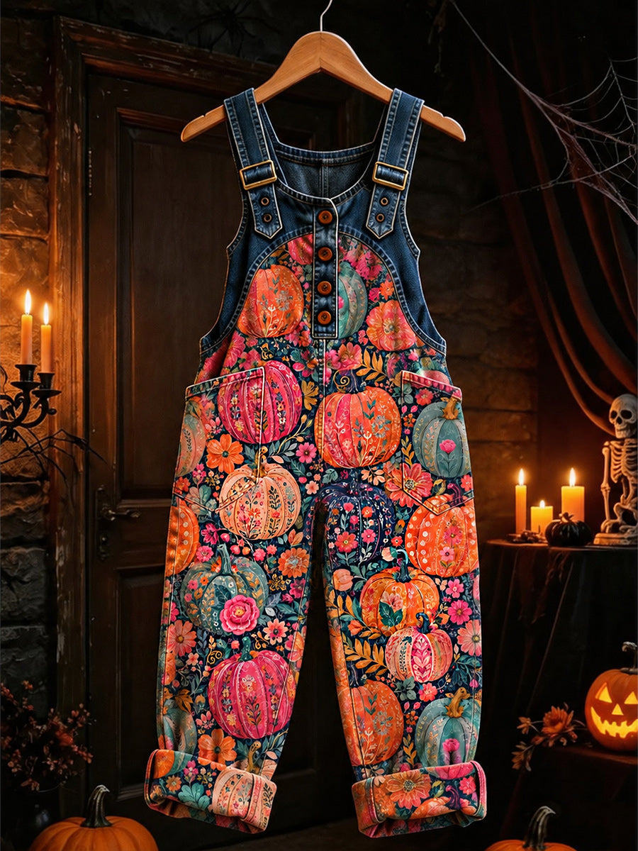 Women's Retro Style Art Print Washed Cotton Denim Patchwork Jumpsuit
