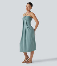Halter Neck Strapless Long Dress With Draped Pockets