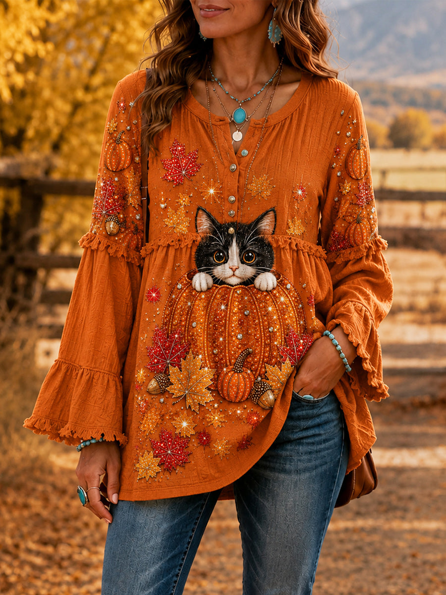 Women's Retro Style Art Print Button-Down Collar Spliced Trumpet Long Sleeves Shirt