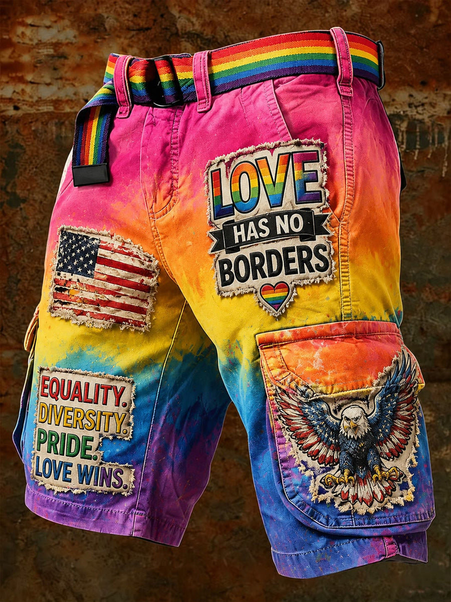 Men's Retro Pride Month Rainbow Art Print Casual Loose Pocket Work Shorts