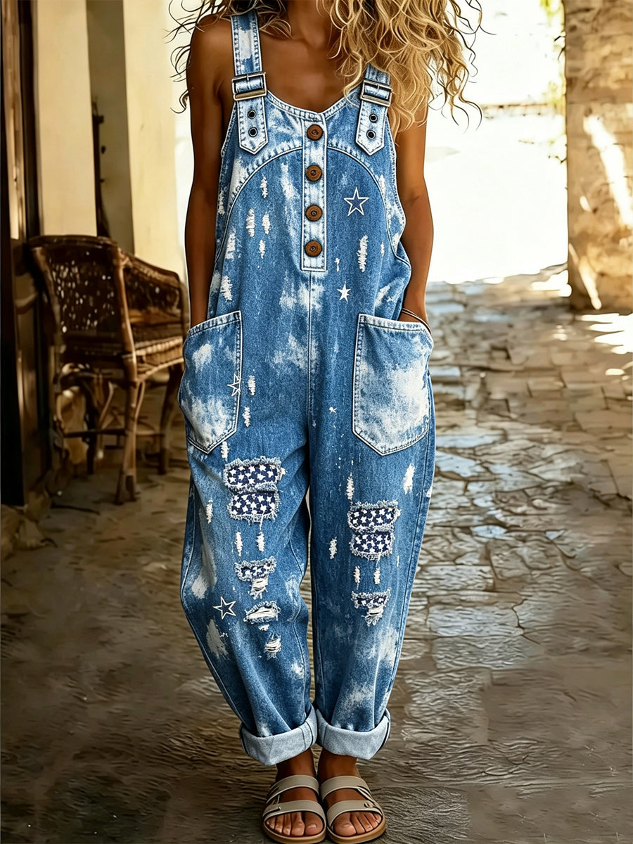 Women's Retro Style Art Print Washed Cotton Denim Patchwork Jumpsuit