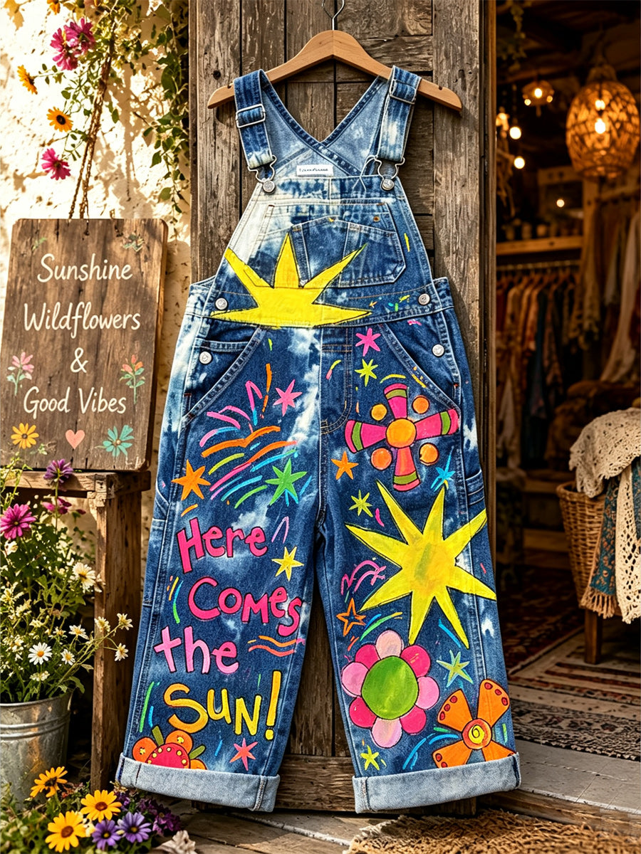 Women's Retro Style Art Print Washed Cotton Denim Patchwork Jumpsuit