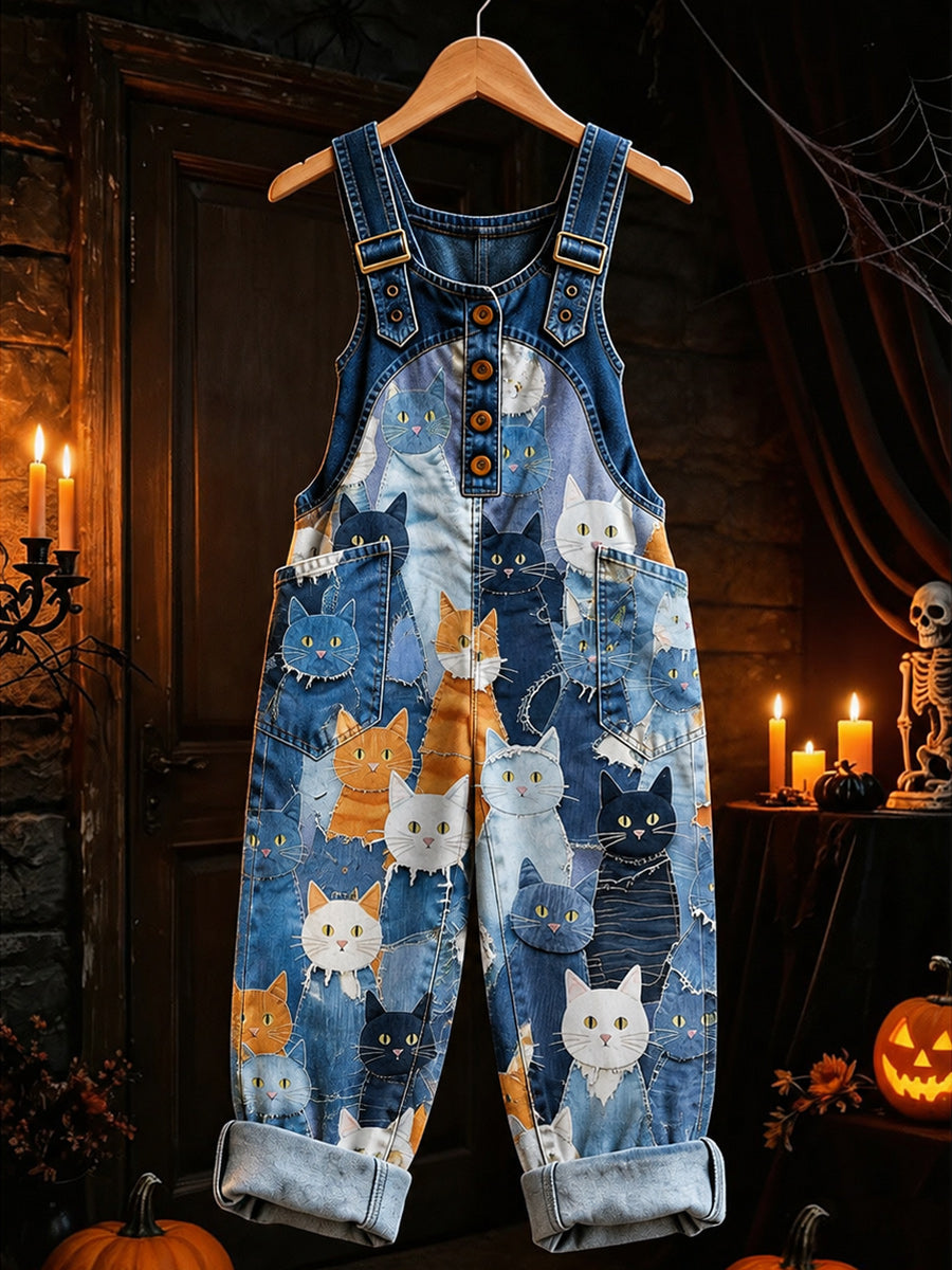 Women's Retro Style Art Print Washed Cotton Denim Patchwork Jumpsuit