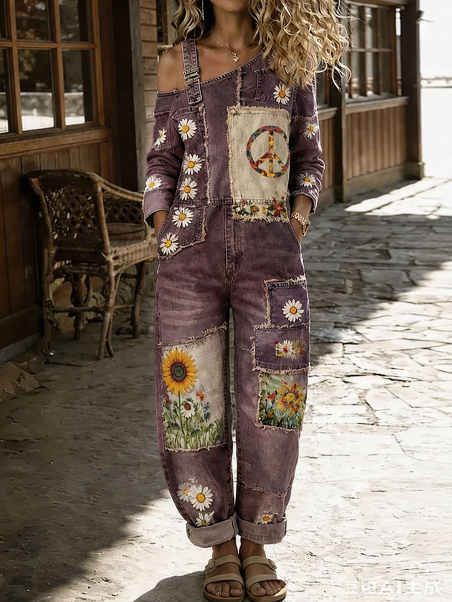 Women's Retro Art Print Washed Cotton Denim Patchwork Jumpsuit