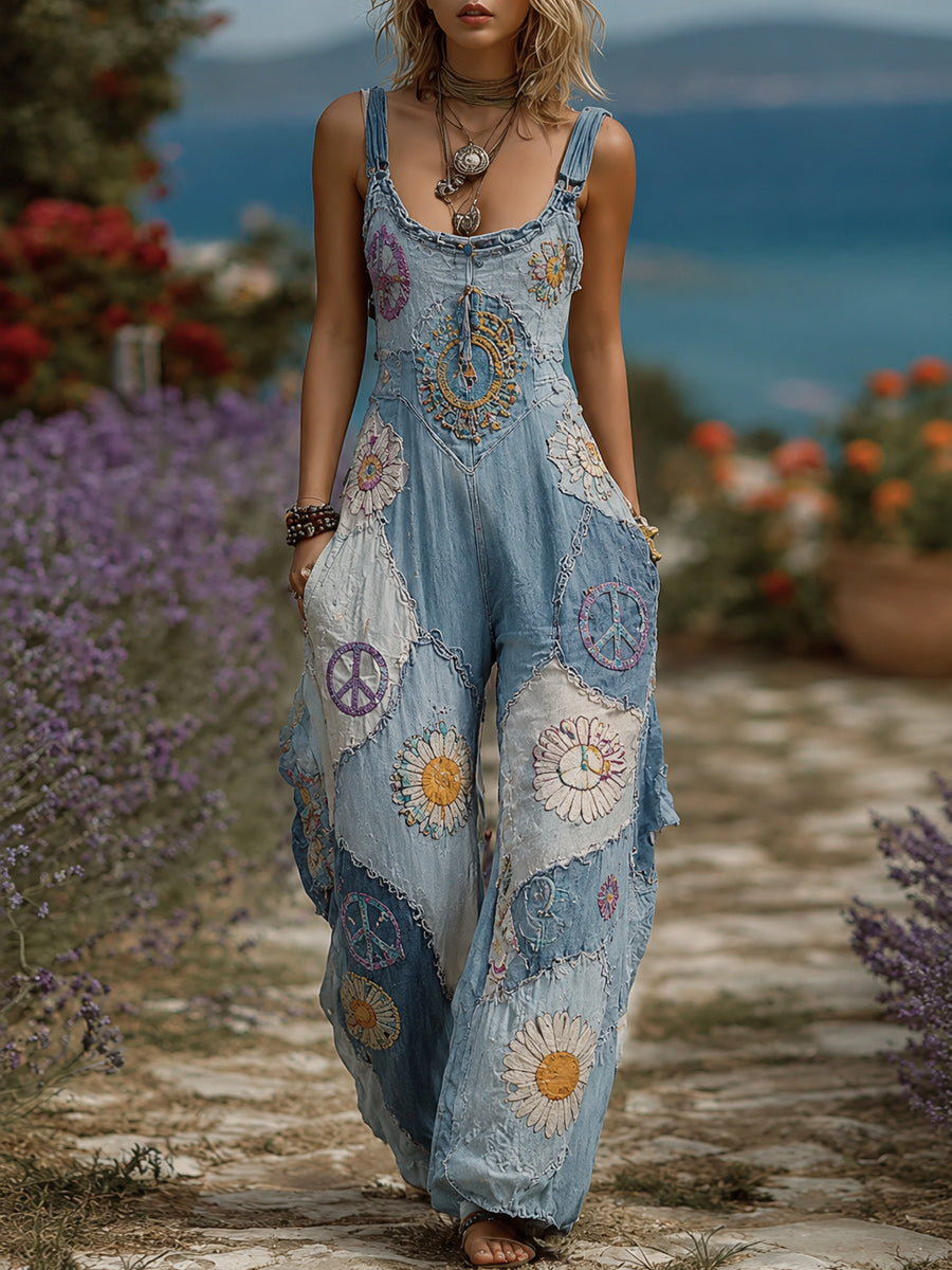 Women's Retro Style Art Print Washed Cotton Denim Patchwork Jumpsuit