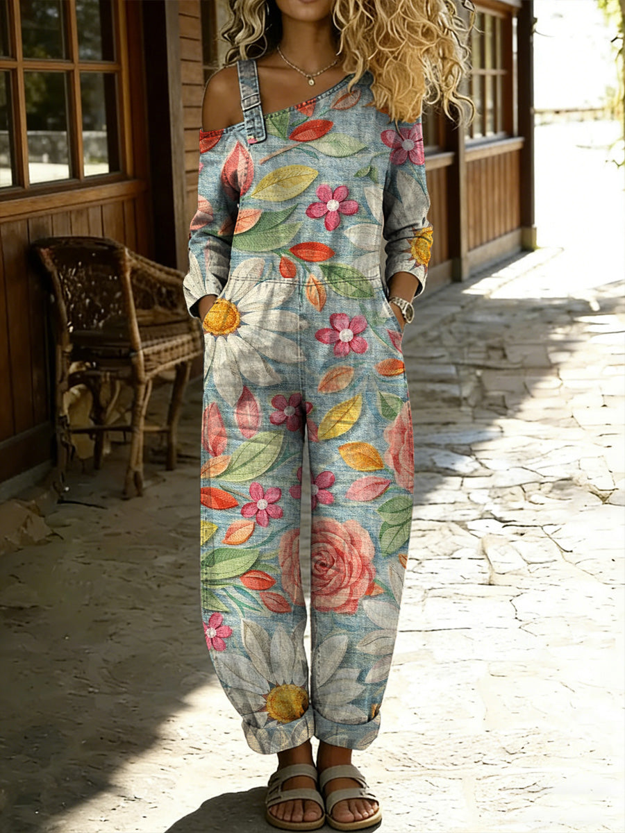 Women's Retro Style Floral Art Print Washed Cotton Denim Patchwork Jumpsuit