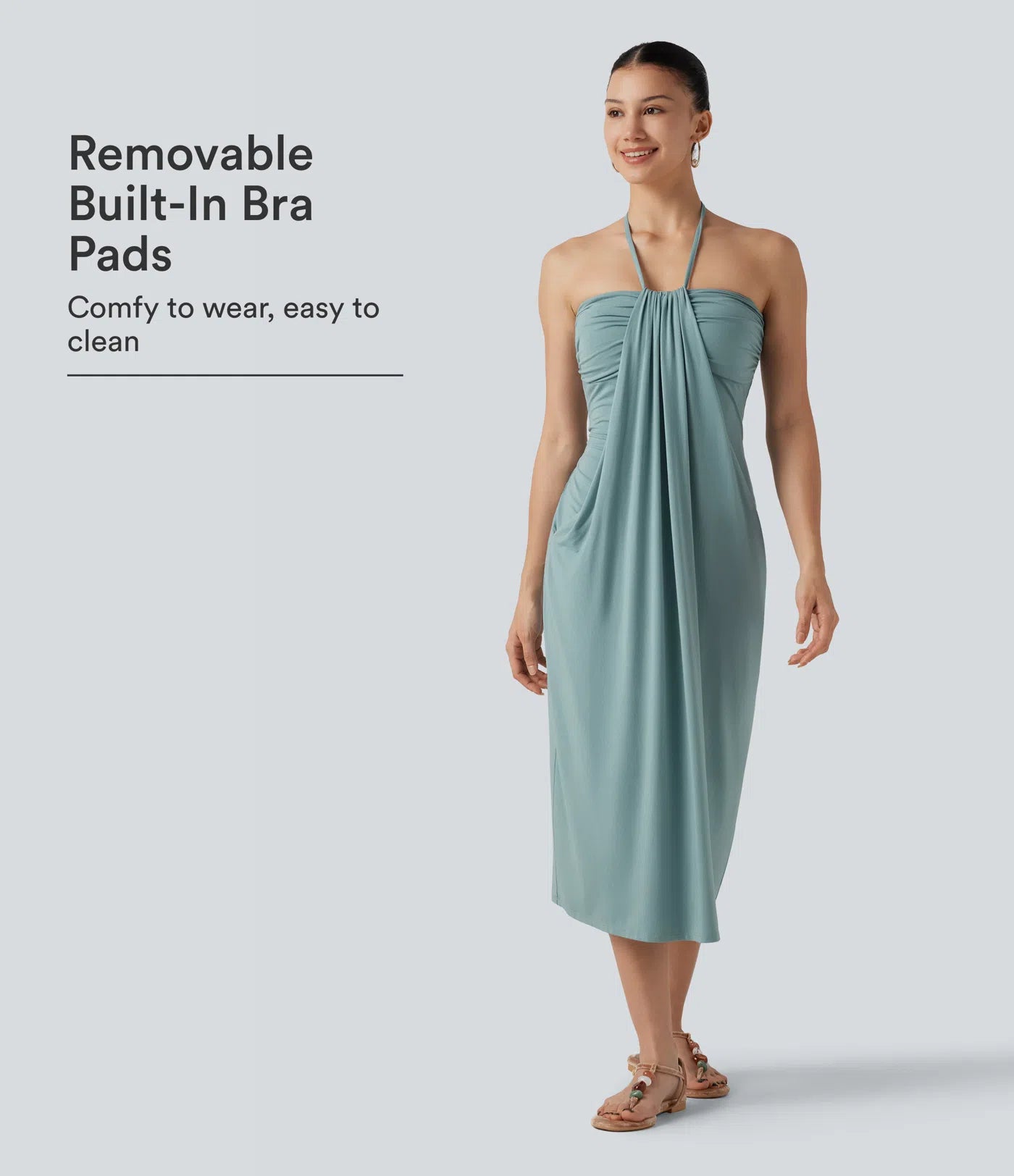 Halter Neck Strapless Long Dress With Draped Pockets