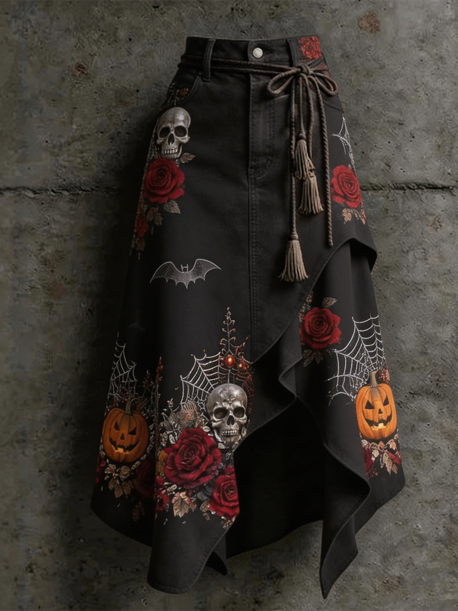 Women's Retro Style Art Print Irregularly Layered Stitched Skirt