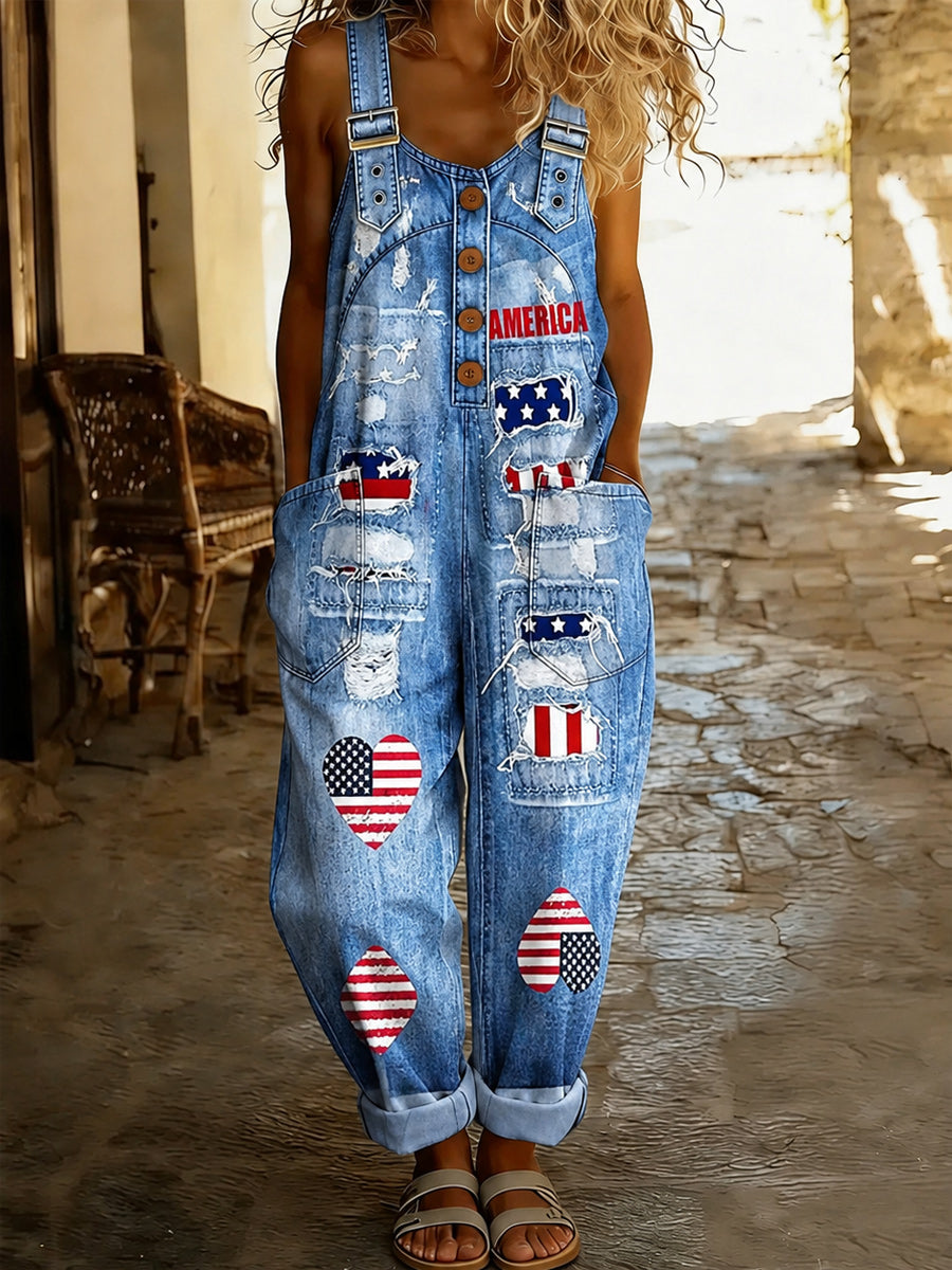 Women's Retro Style Art Print Washed Cotton Denim Patchwork Jumpsuit