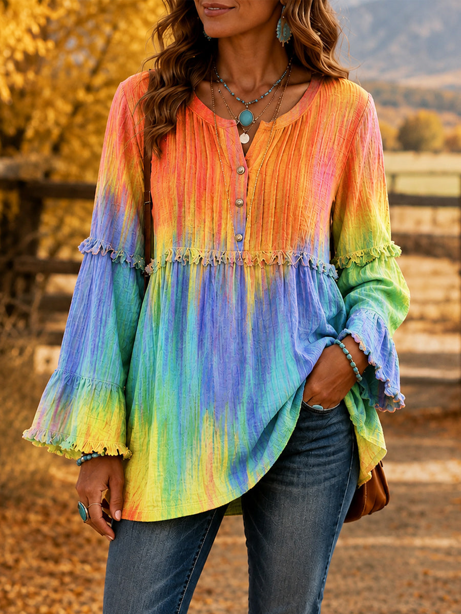 Women's Retro Style Art Print Button-Down Collar Spliced Trumpet Long Sleeves Shirt