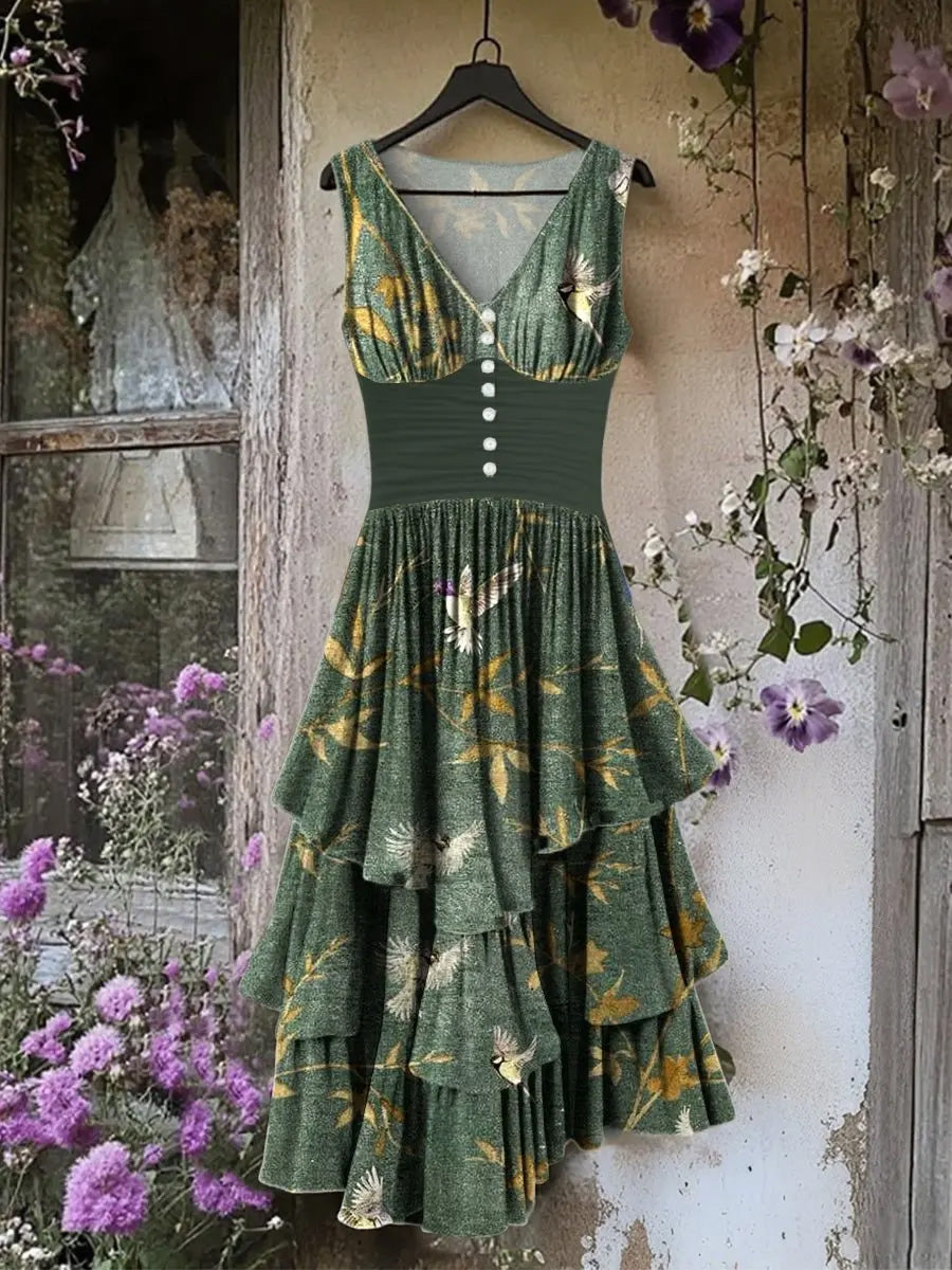 Retro Floral Art Print Vintage V-Neck Button Up Midi Dress