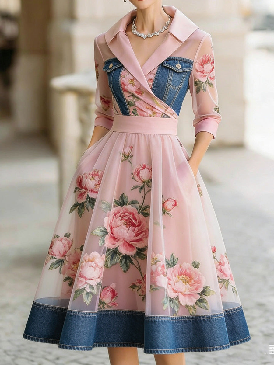 Retro Floral Art Texture Printed V-Neck Vintage Pocket-Style Long Sleeve Midi Dress