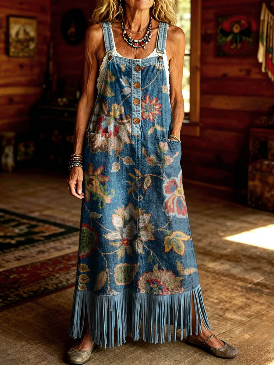 Women's Retro Style Floral Art Print Washed Denim Strap Tassel Maxi Dress