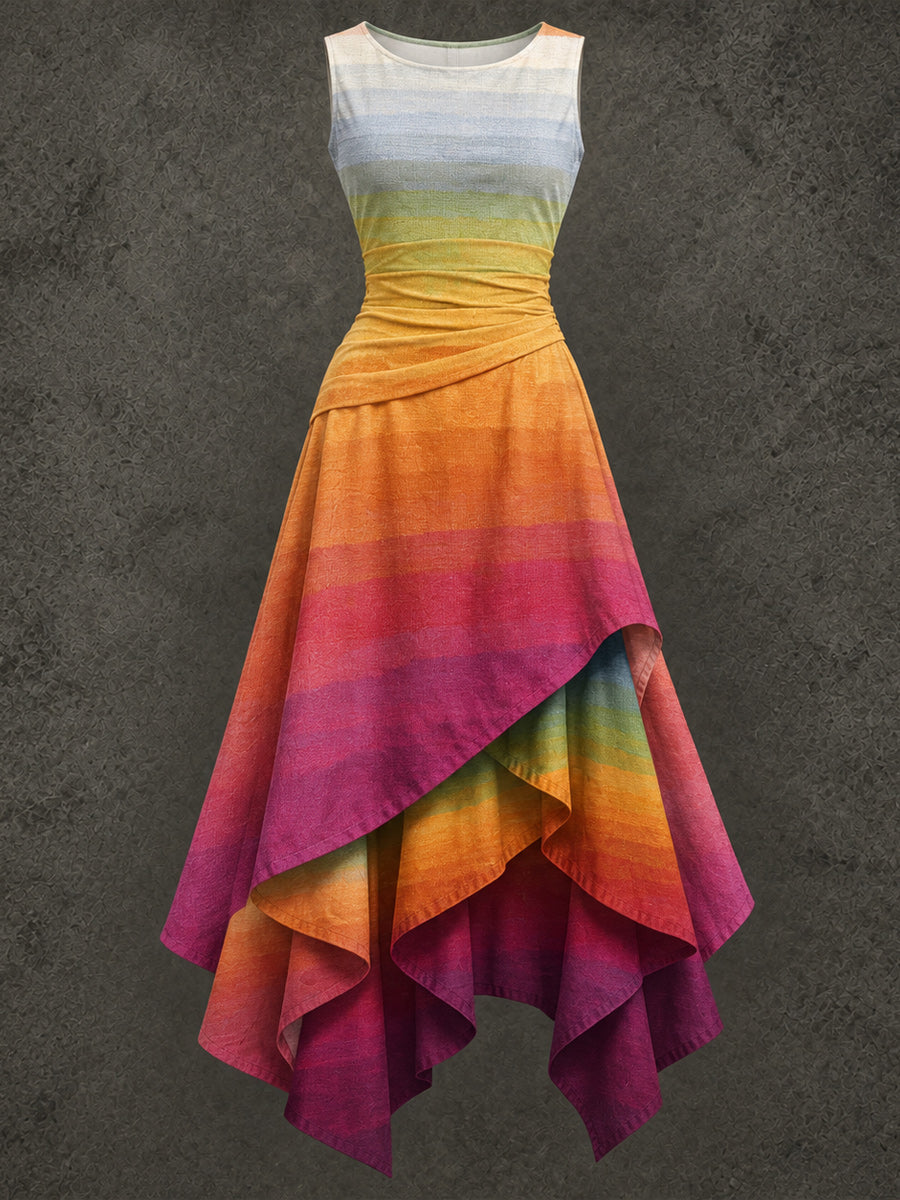 Retro Art Printed Vintage Sleeveless Irregularly Layered Stitched Midi Dress