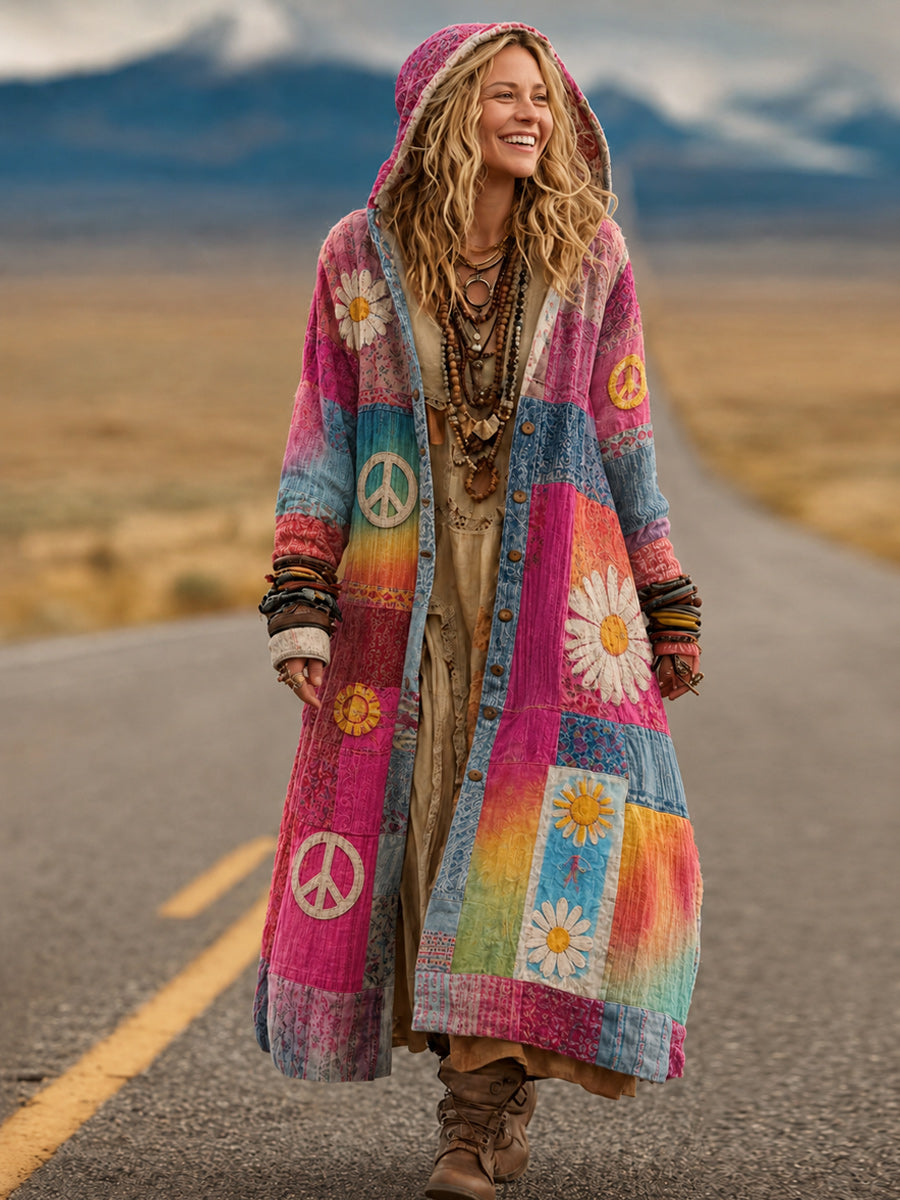 Retro Bohemian Style Art Printed Cotton Buttoned Hooded Casual Loose Long-Sleeved Shirt