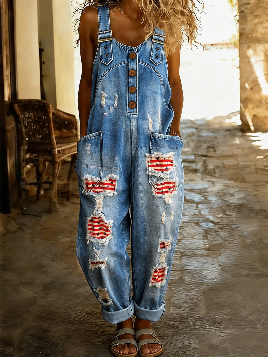 Women's Retro Style Art Print Washed Cotton Denim Patchwork Jumpsuit