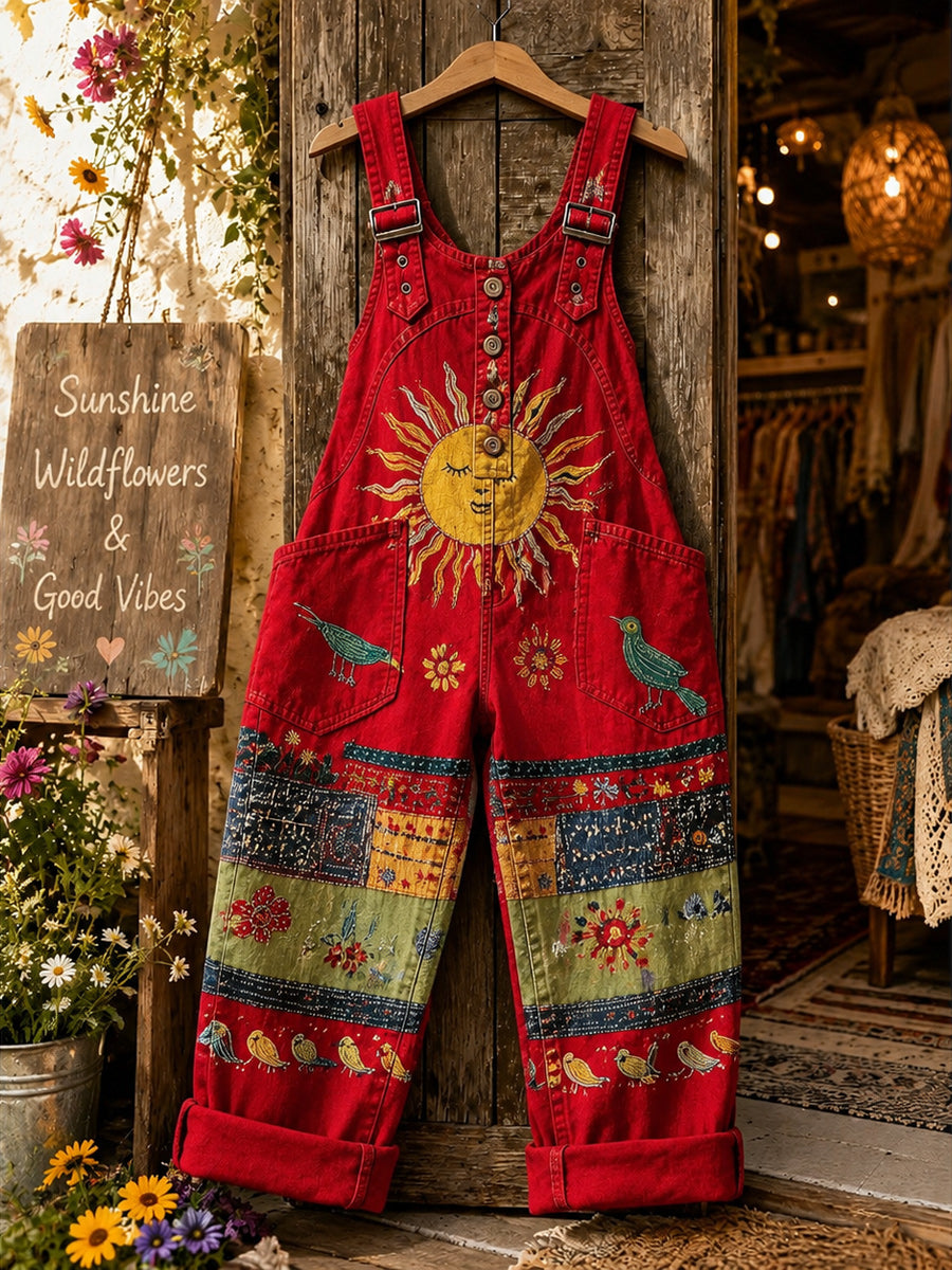 Women's Retro Style Art Print Washed Cotton Denim Patchwork Jumpsuit