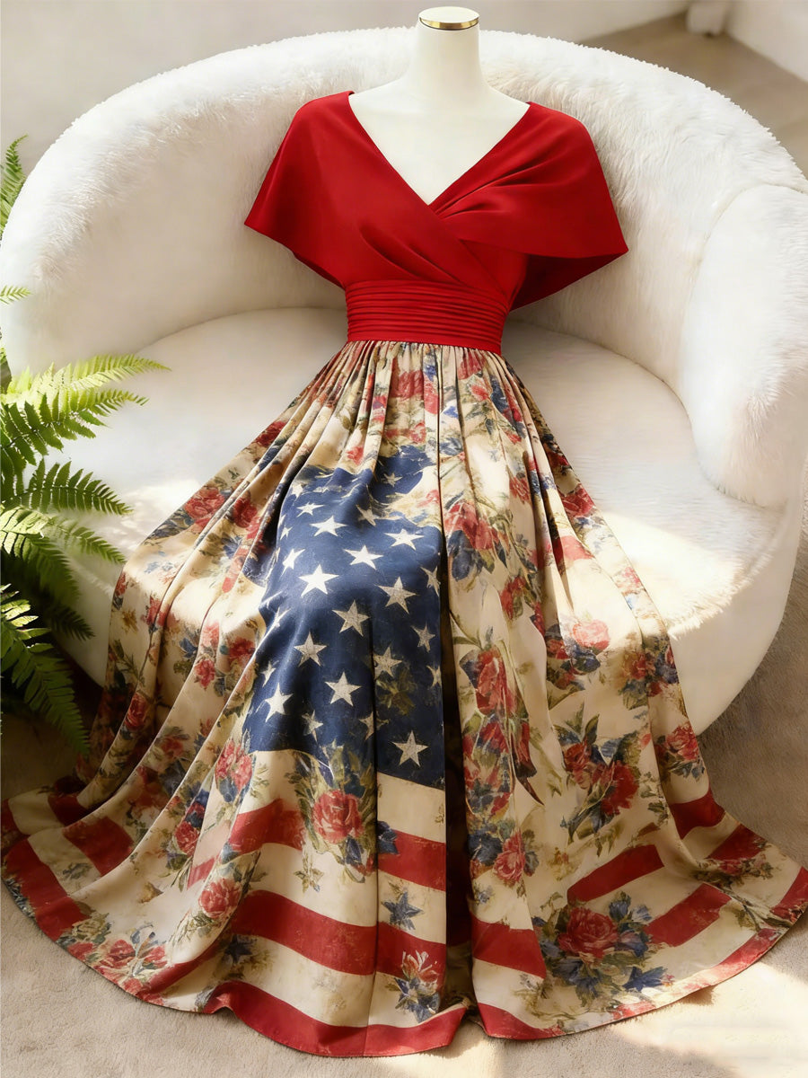 Retro Floral Art Printed Elegant V-Neck Vintage Batwing Short Sleeve Maxi Dress