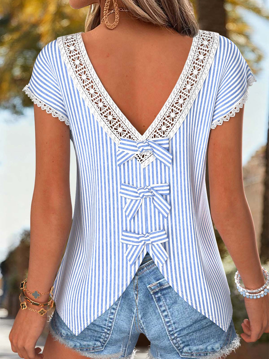 Women's Retro Style Art Printed Vintage V-Neck Short Sleeves Top