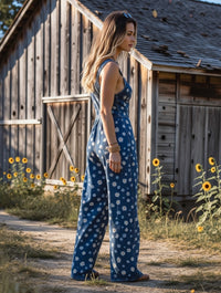 Women's Retro Style Art Print Washed Cotton Denim Patchwork Jumpsuit